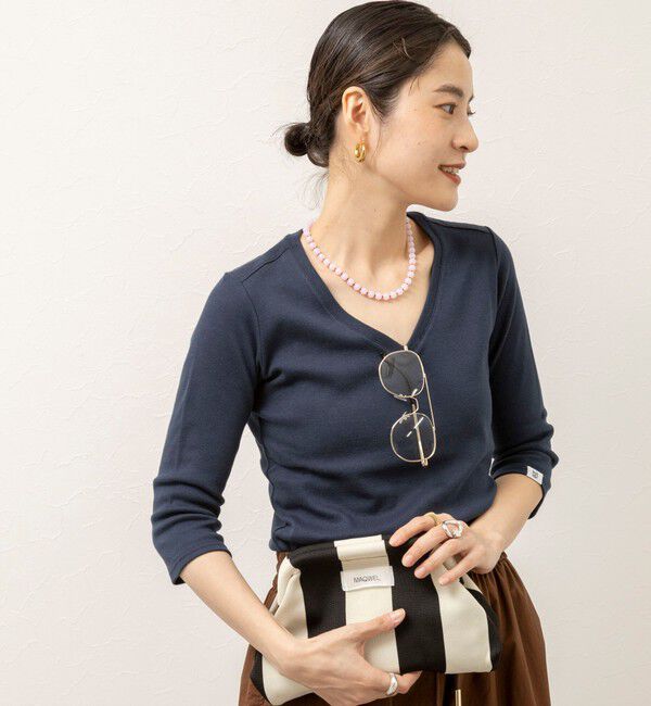 MAQWEL「【MAQWEL/マクウェル】ウォッシャブルCOTTON RIB 7分袖VネックTシャツ」|Tシャツ・カットソー|