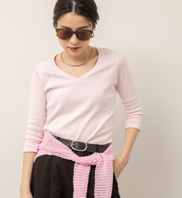 MAQWEL「【MAQWEL/マクウェル】ウォッシャブルCOTTON RIB 7分袖VネックTシャツ」|Tシャツ・カットソー|ベビーピンク