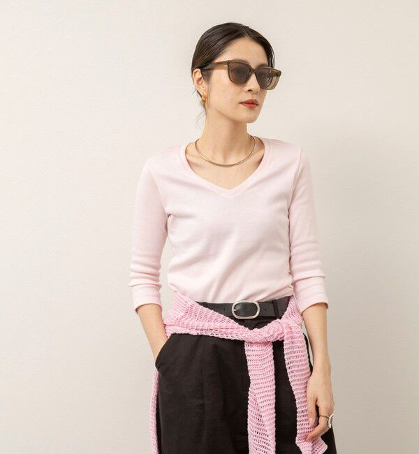 MAQWEL「【MAQWEL/マクウェル】ウォッシャブルCOTTON RIB 7分袖VネックTシャツ」|Tシャツ・カットソー|