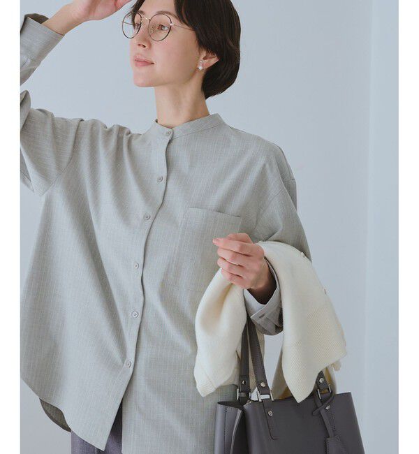 Rope&rsquo;Picnic「バンドカラーラウンドヘムストライプシャツ/セットアップ対応」|シャツ・ブラウス|ライトグレー(08)