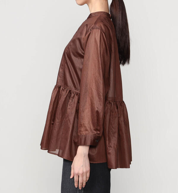 LE GLAZIK「LE GLAZIK | シアーボーダー ギャザーフレアシャツ WOMEN」|シャツ・ブラウス|