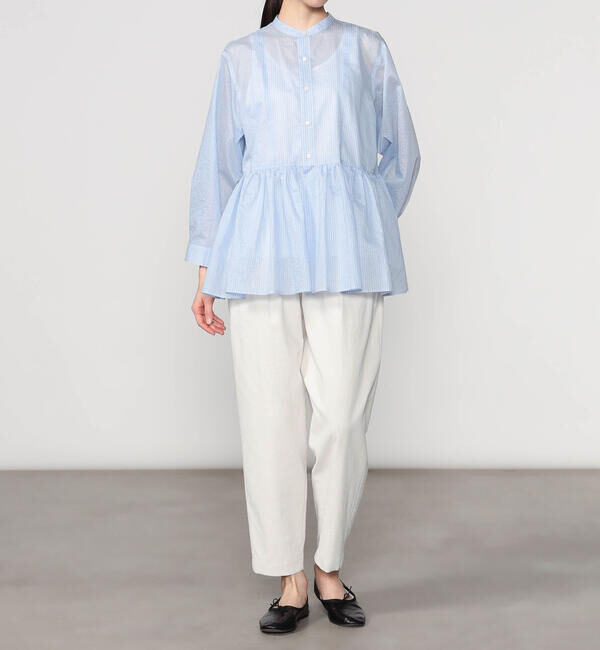 LE GLAZIK「LE GLAZIK | シアーストライプ ギャザーフレアシャツ WOMEN」|シャツ・ブラウス|