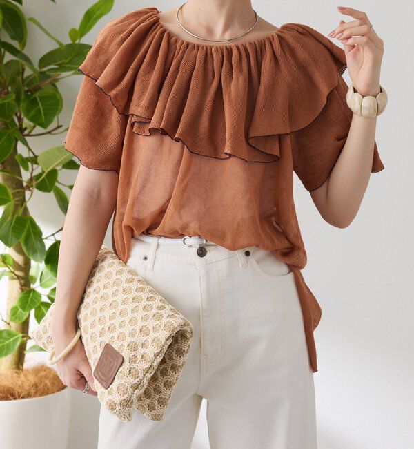  「ラッフルオフショルダーシアーニット」|ニット・セーター|