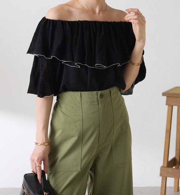  「ラッフルオフショルダーシアーニット」|ニット・セーター|