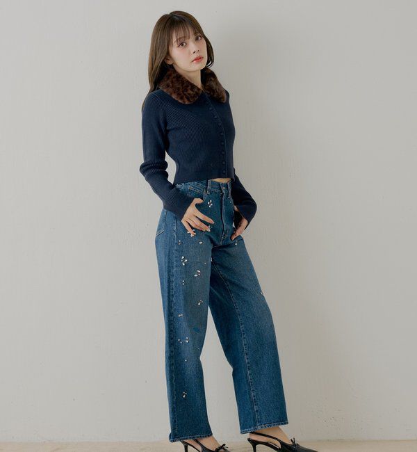  「【SALON by Chico】フラワービジュー付きストレートデニム」|デニム|