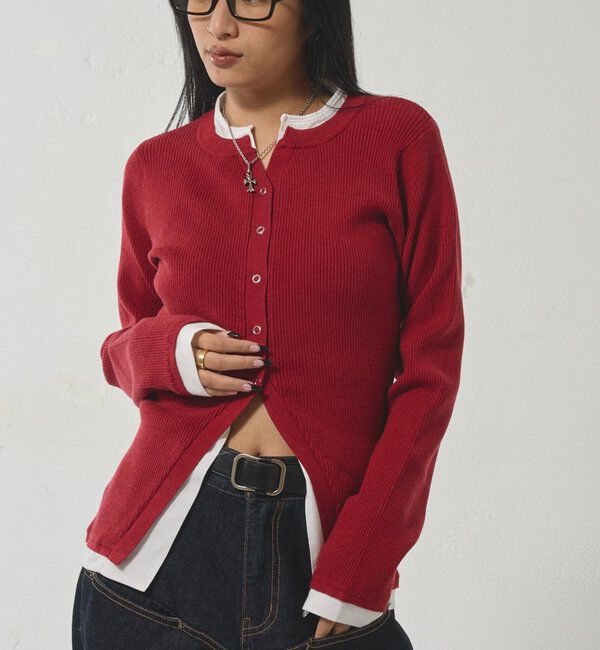  「レイヤードヘンリーナローカーデ」|ニット・セーター|レッド