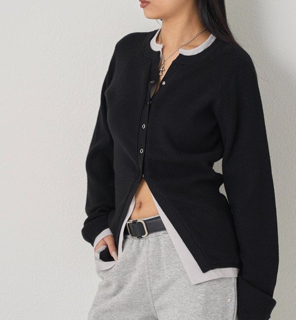  「レイヤードヘンリーナローカーデ」|ニット・セーター|ブラック