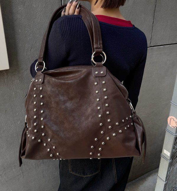  「スタッズフェイクレザーボストンバッグ」|ボストンバッグ|