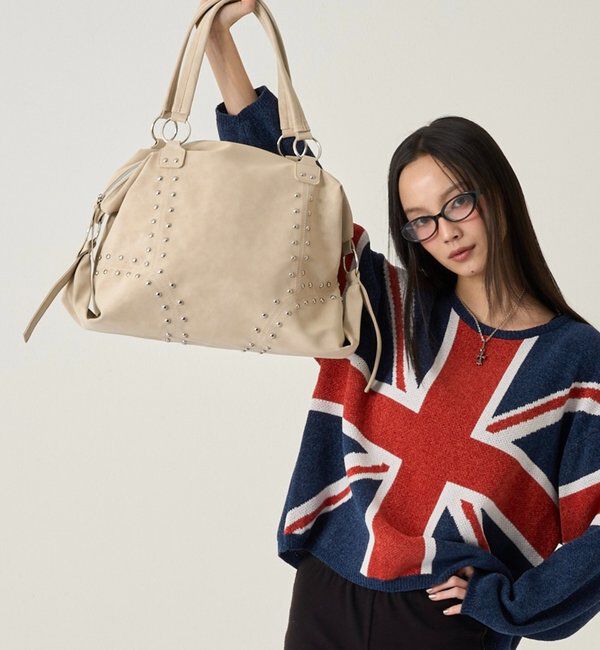  「スタッズフェイクレザーボストンバッグ」|ボストンバッグ|