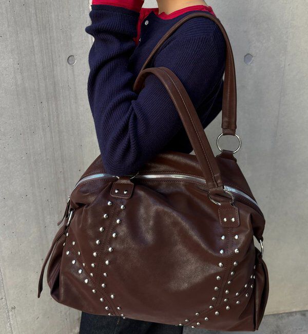  「スタッズフェイクレザーボストンバッグ」|ボストンバッグ|ダークブラウン