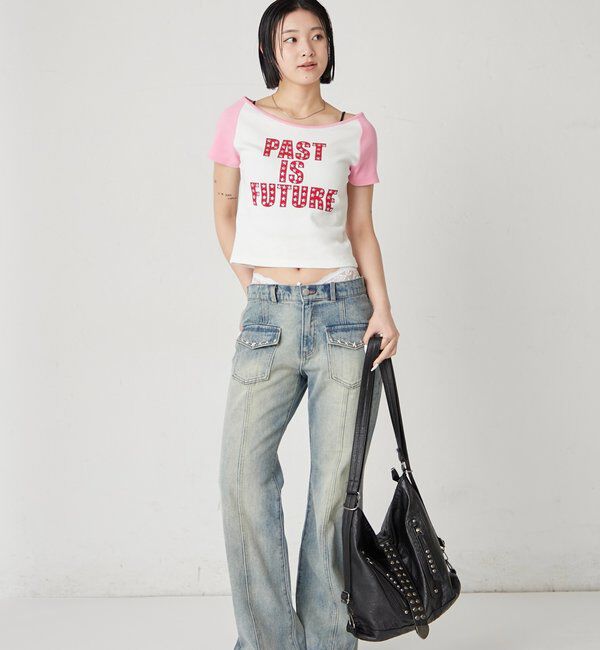  「スタースタッズラグラン半袖ロゴトップス」|Tシャツ・カットソー|