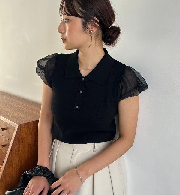  「ミニバルーンスリーブポロニット」|ニット・セーター|ブラック