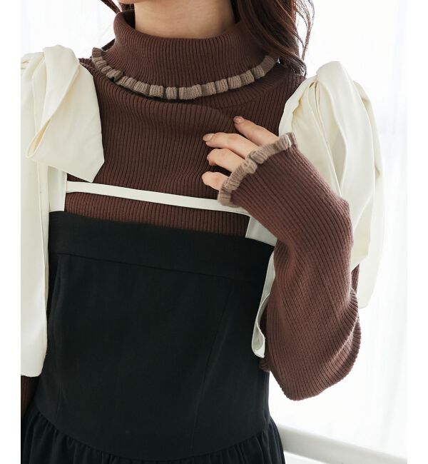  「プチフリルタートルニット」|ニット・セーター|ブラウン柄