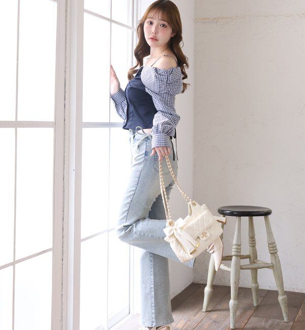  「バックレースアップ配色オフショルブラウス」|シャツ・ブラウス|