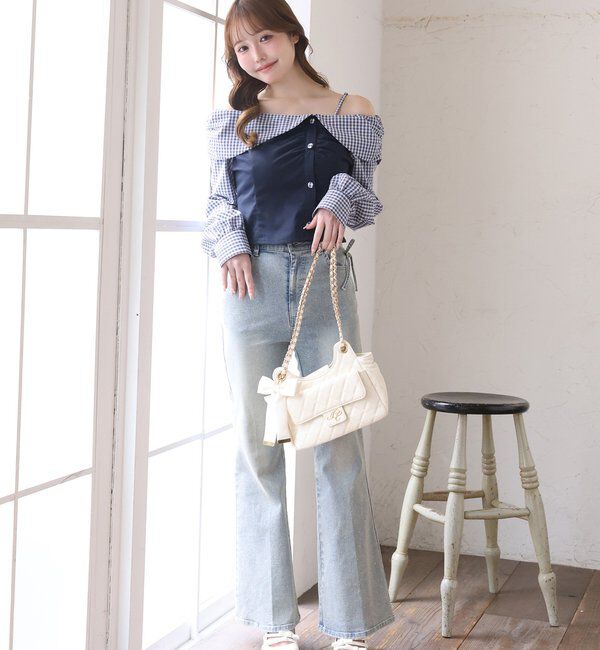  「バックレースアップ配色オフショルブラウス」|シャツ・ブラウス|