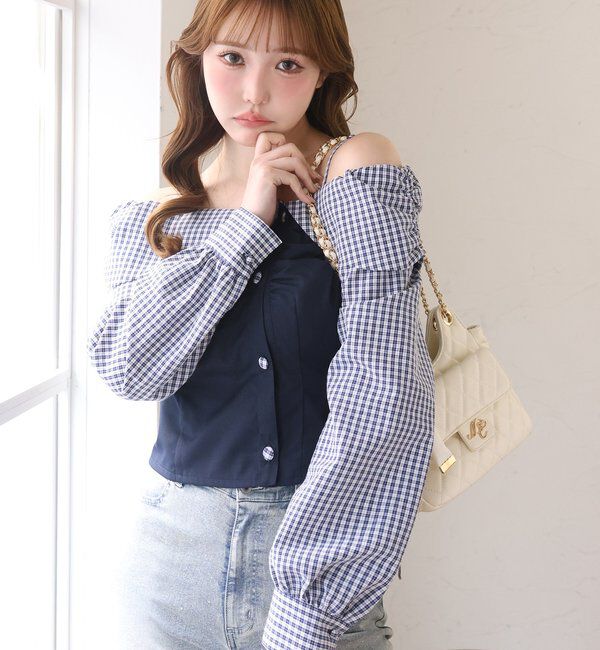  「バックレースアップ配色オフショルブラウス」|シャツ・ブラウス|