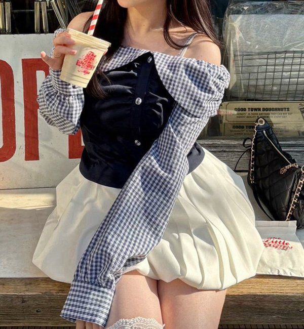  「バックレースアップ配色オフショルブラウス」|シャツ・ブラウス|