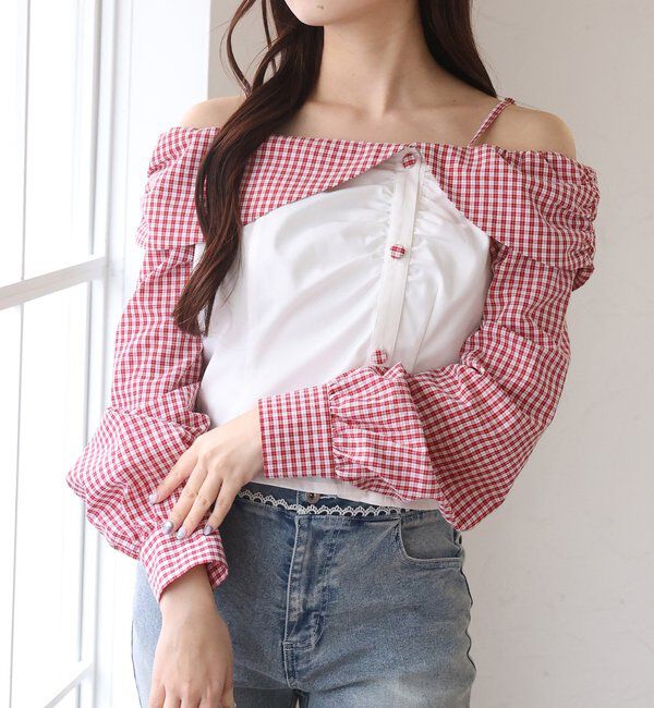  「バックレースアップ配色オフショルブラウス」|シャツ・ブラウス|