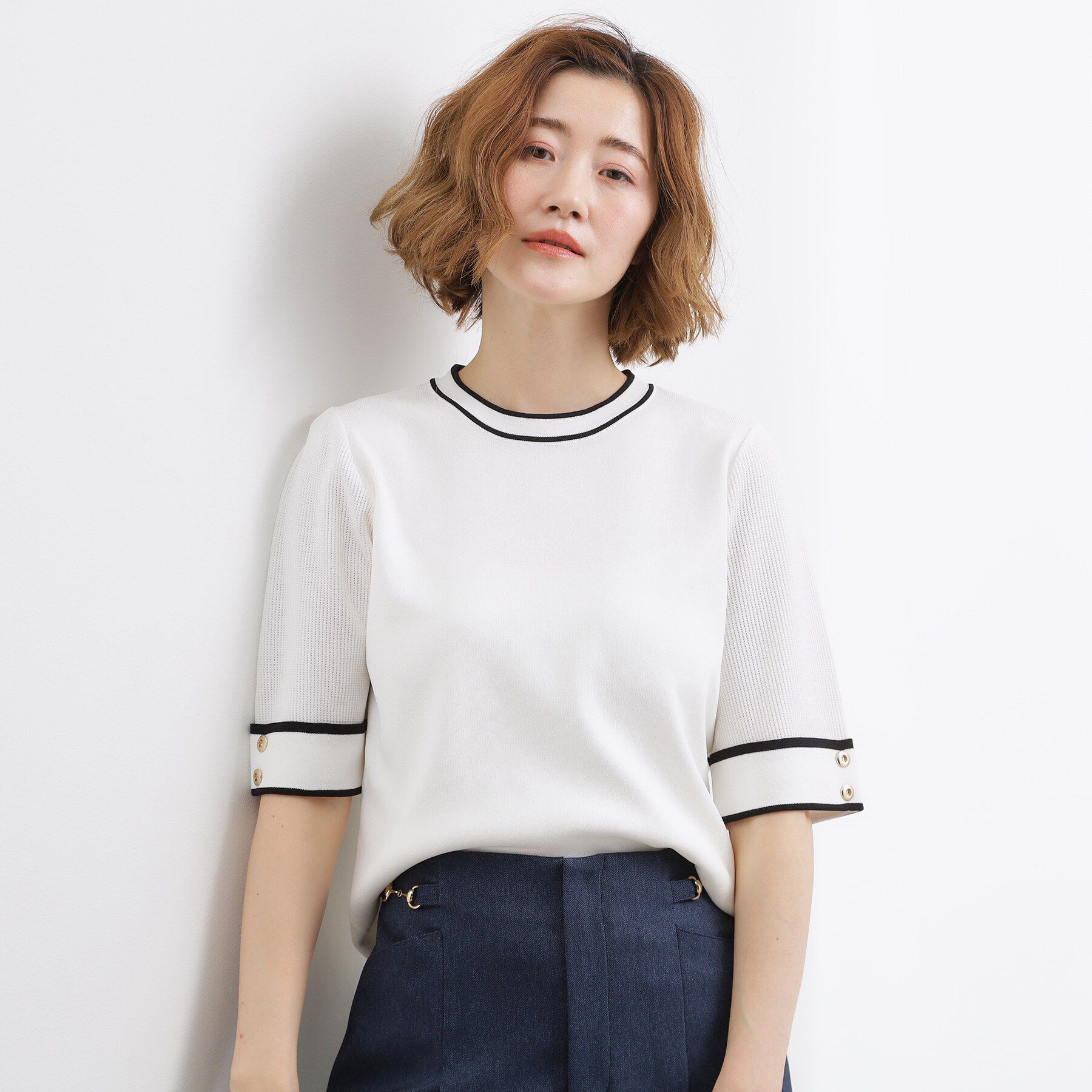 grove「【貴島明日香さん着用】やわらかドライタッチ 袖メッシュ編みニット」|ニット・セーター|