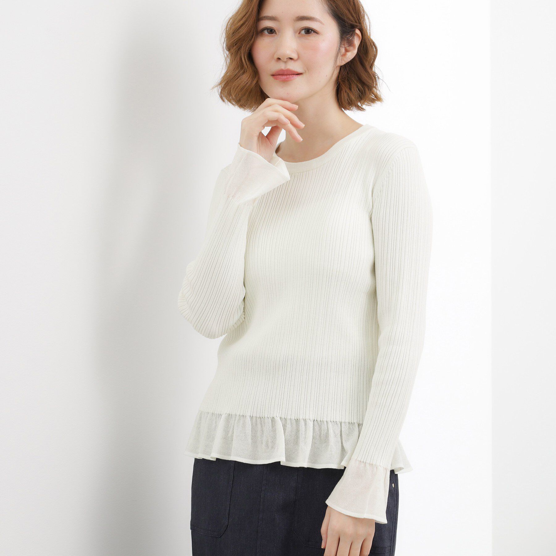 grove「シアーフリルリブニットプルオーバー」|ニット・セーター|オフホワイト(003