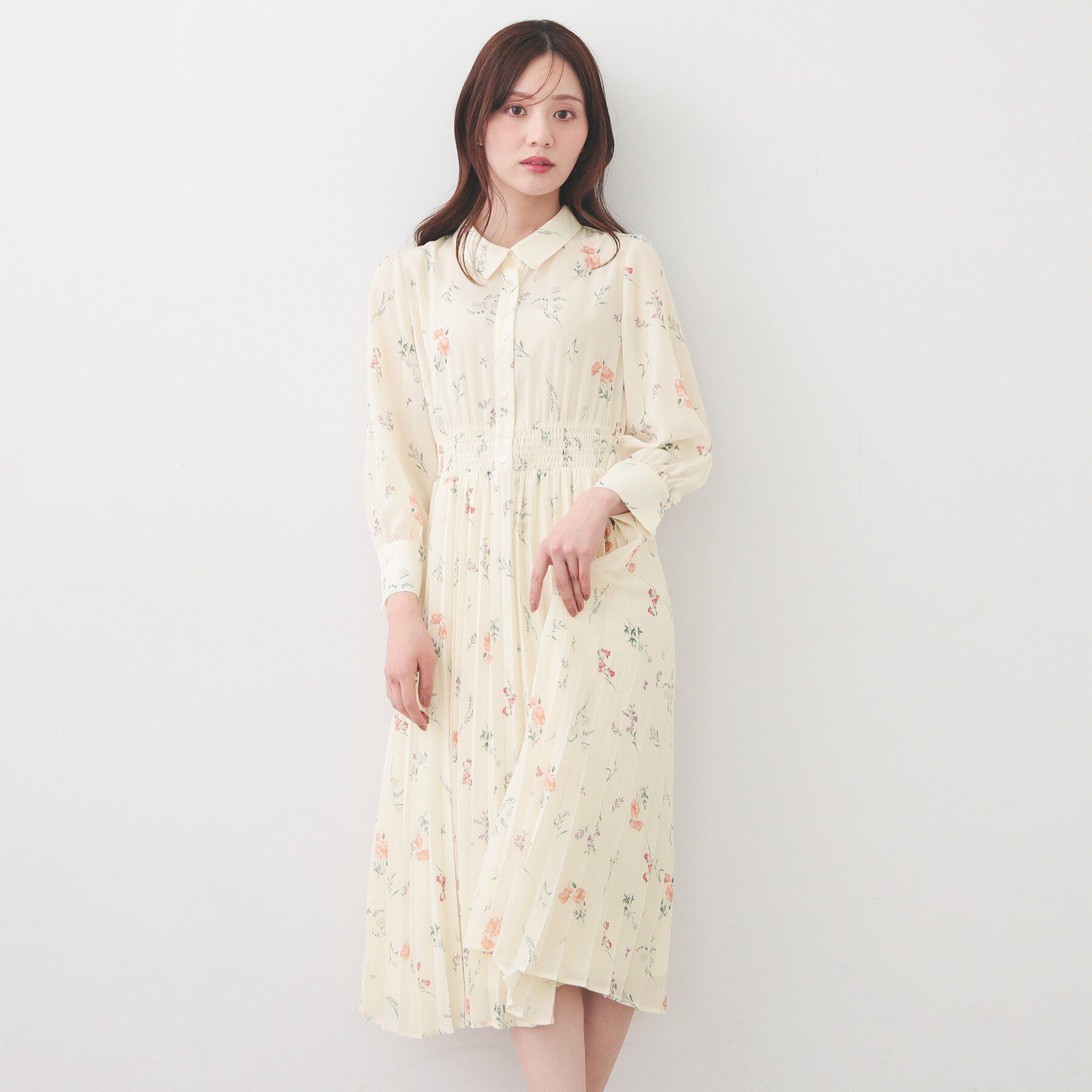 index「衿付き花柄プリーツフレアワンピース【洗濯機OK/イージーアイロン】」|ワンピース|