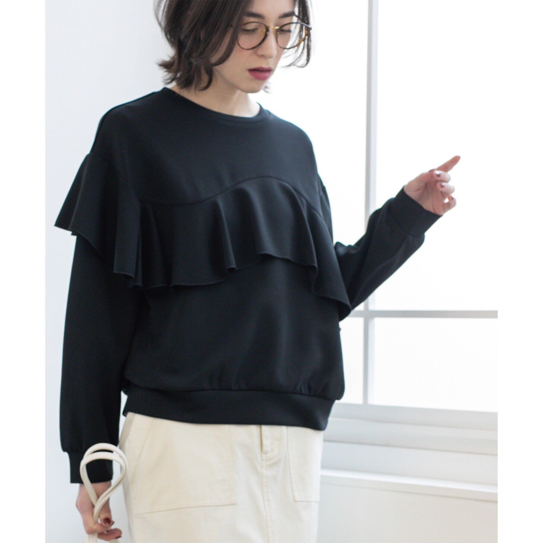 OPAQUE.CLIP「フリルアシメトップス【洗濯機洗い可】」|Tシャツ・カットソー|ブラック(019)