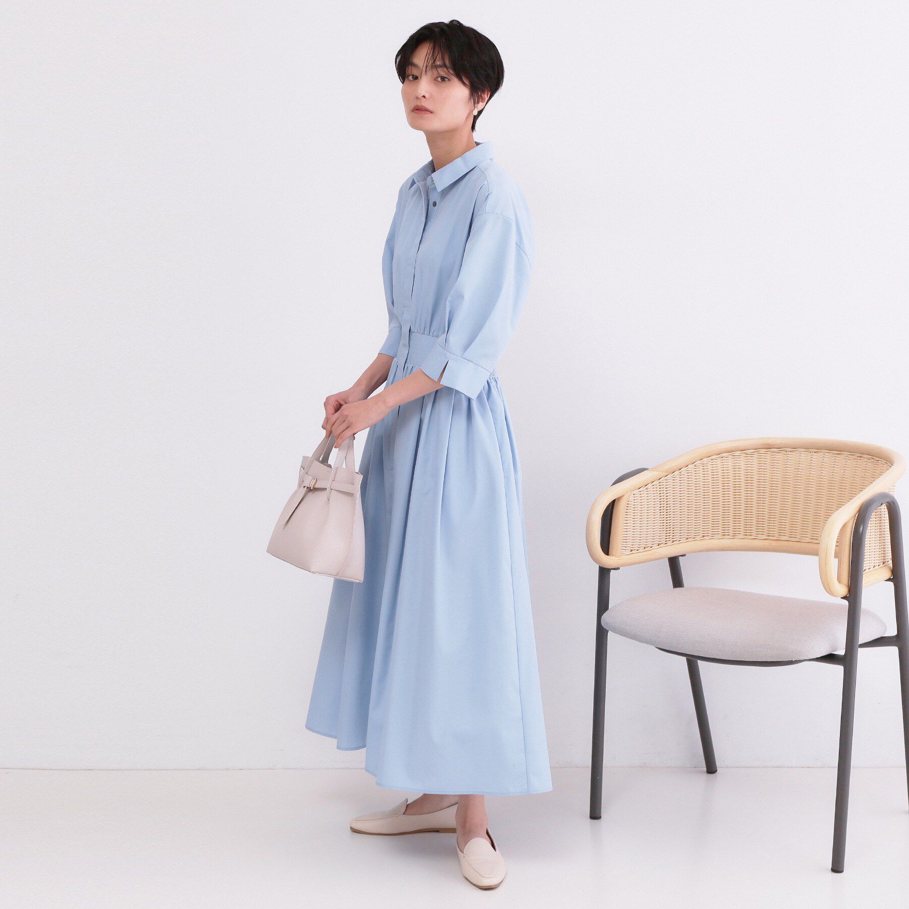 OPAQUE.CLIP「サッシュリボンベルト付きフレアシャツワンピース【洗濯機OK/防シワ加工】」|ワンピース|