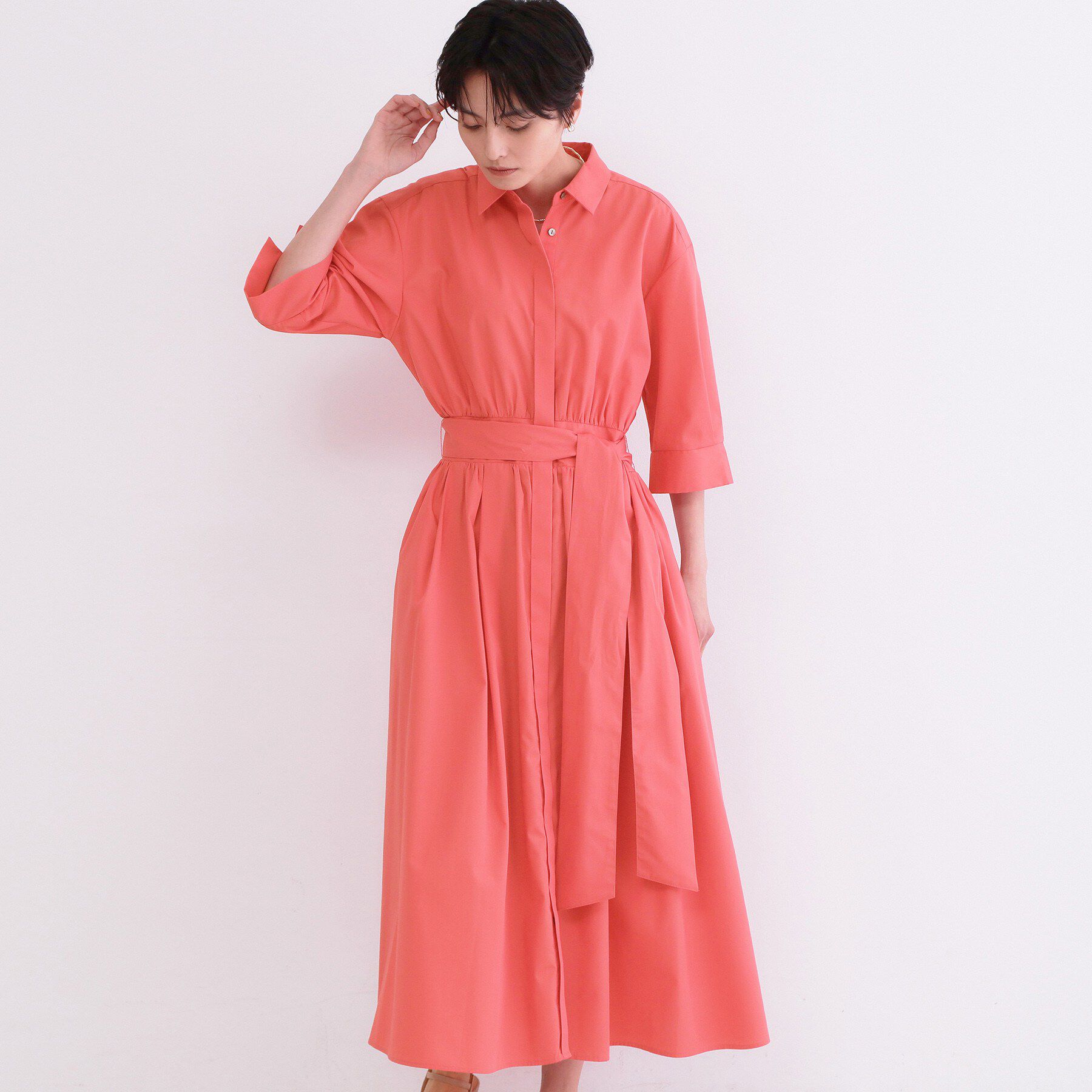 OPAQUE.CLIP「サッシュリボンベルト付きフレアシャツワンピース【洗濯機OK/防シワ加工】」|ワンピース|