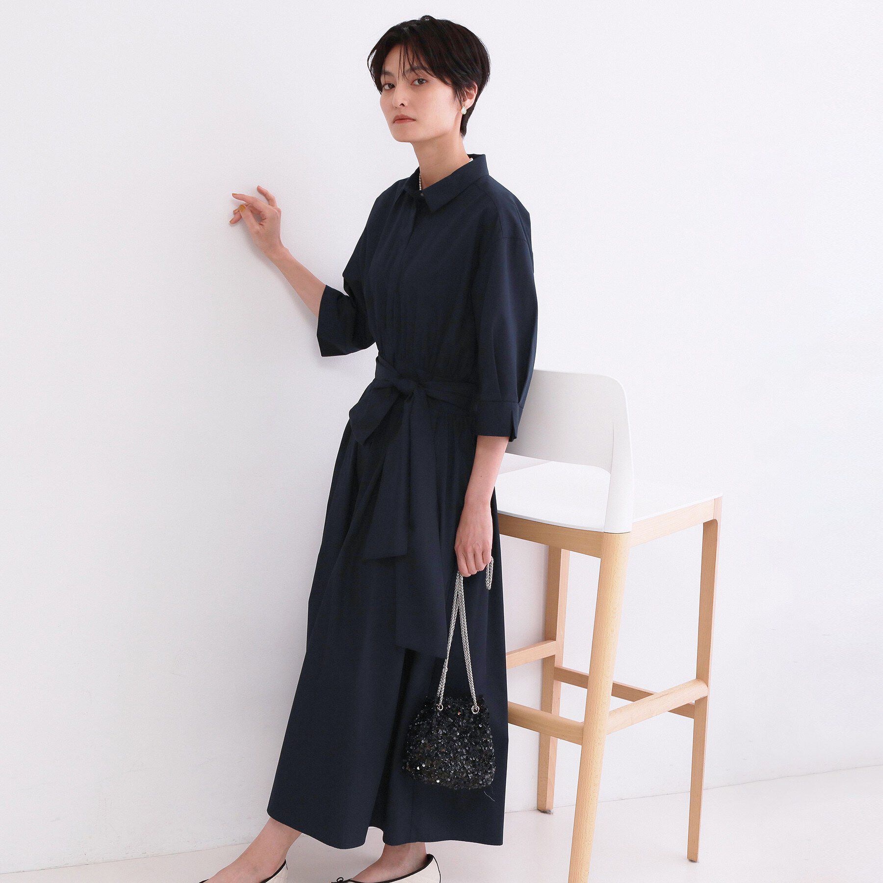 OPAQUE.CLIP「サッシュリボンベルト付きフレアシャツワンピース【洗濯機OK/防シワ加工】」|ワンピース|ネイビー(094)