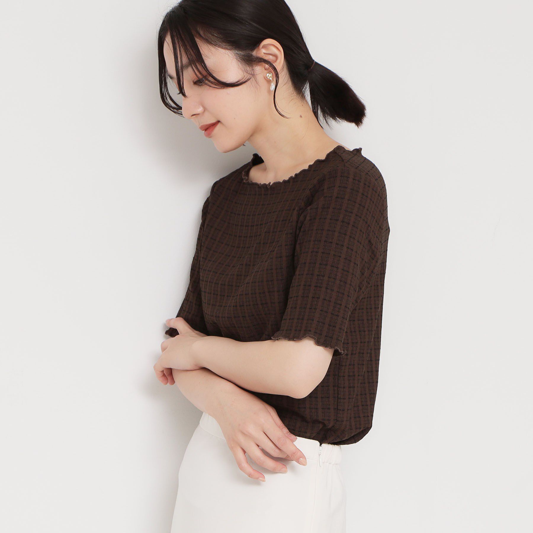 THE SHOP TK「楊柳チェック5分袖カットソー」|Tシャツ・カットソー|