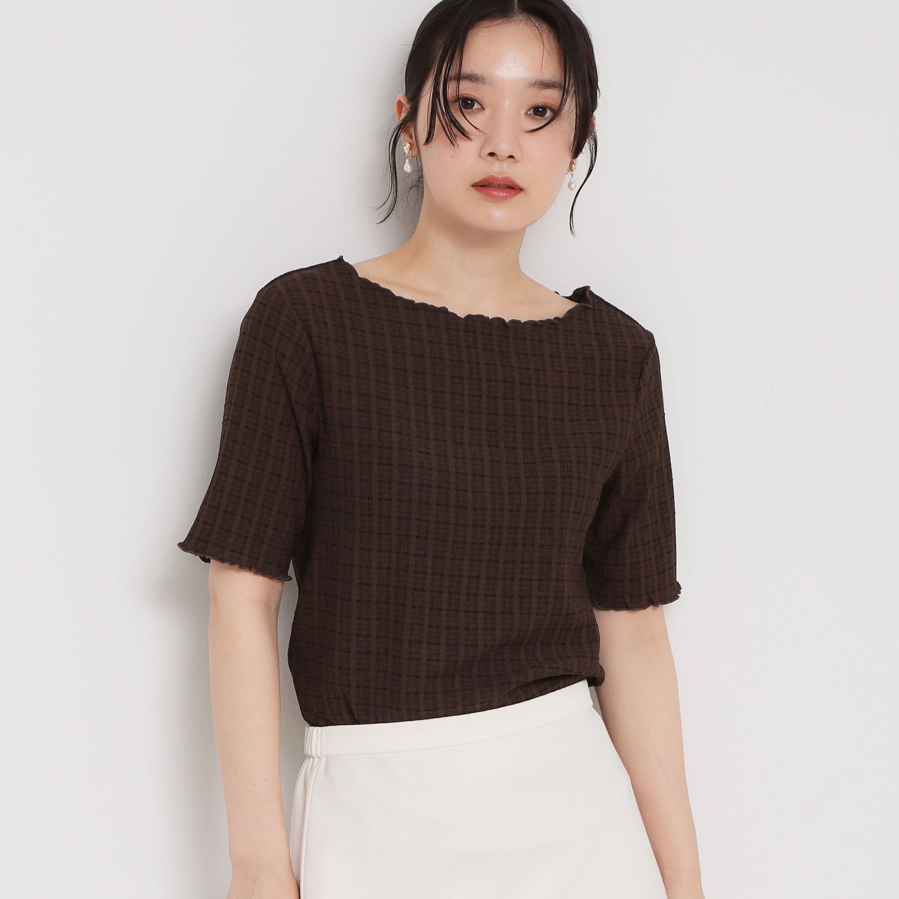 THE SHOP TK「楊柳チェック5分袖カットソー」|Tシャツ・カットソー|ブラウン(043)