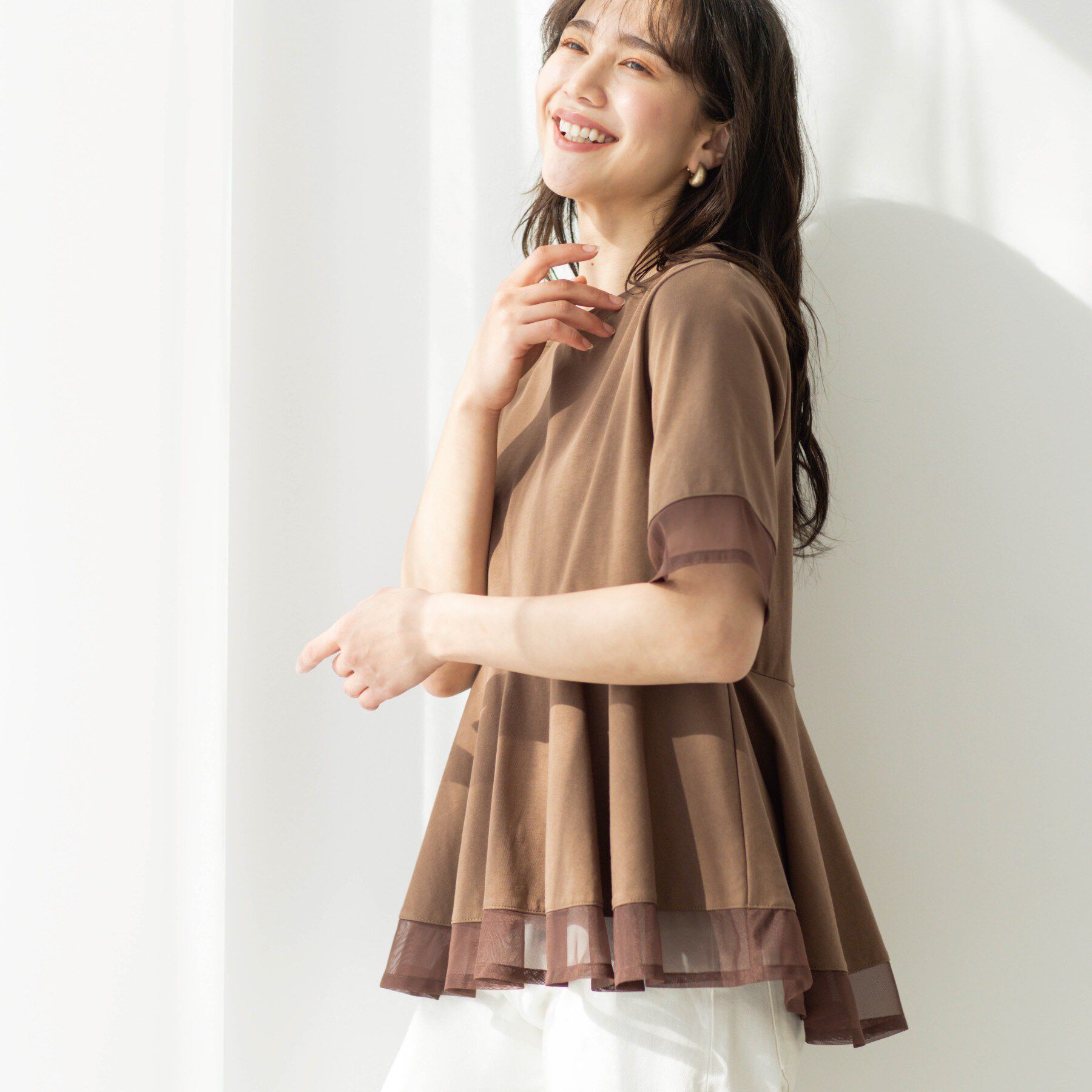 SHOO･LA･RUE「チュールレイヤードペプラムＴシャツ」|Tシャツ・カットソー|ブラウン(043)