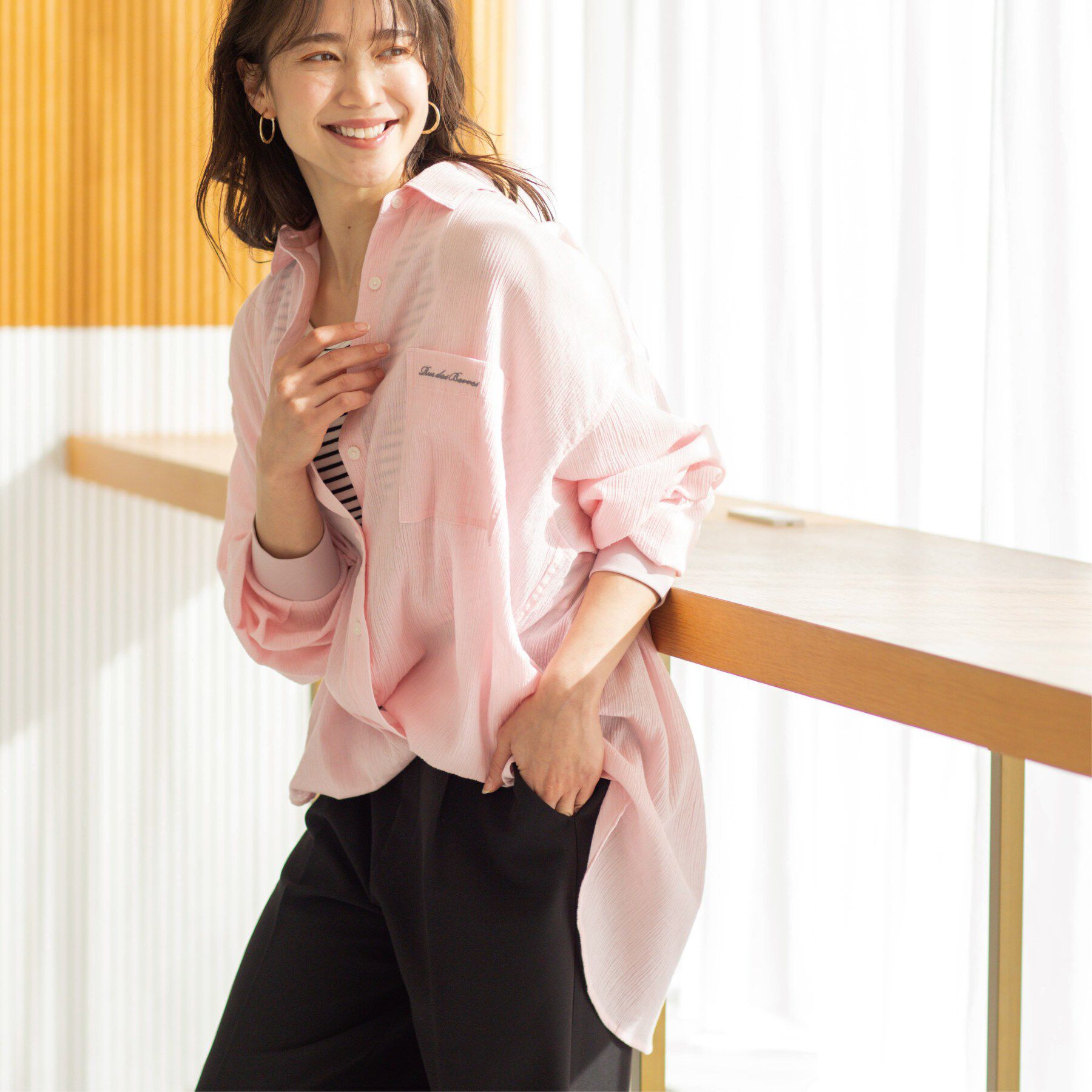 SHOO･LA･RUE「袖リブ楊柳オーバーシャツ」|シャツ・ブラウス|