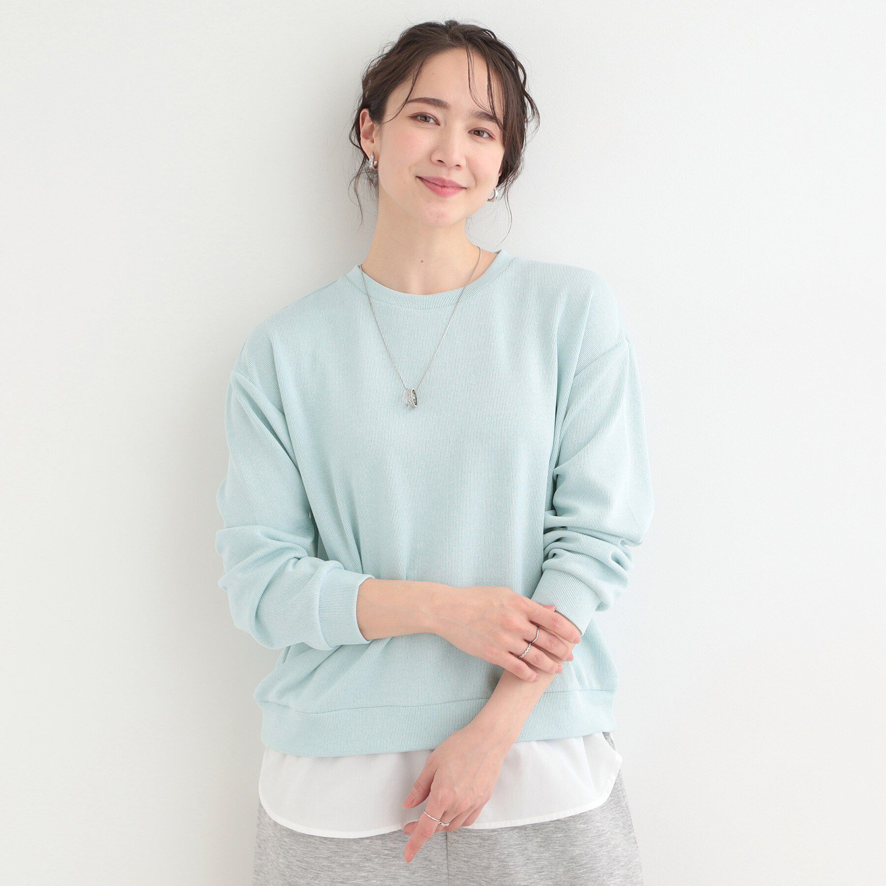 SHOO･LA･RUE「【洗濯機可/S-LL】1枚でサマ見え ラメニットソー レイヤード風トップス」|Tシャツ・カットソー|