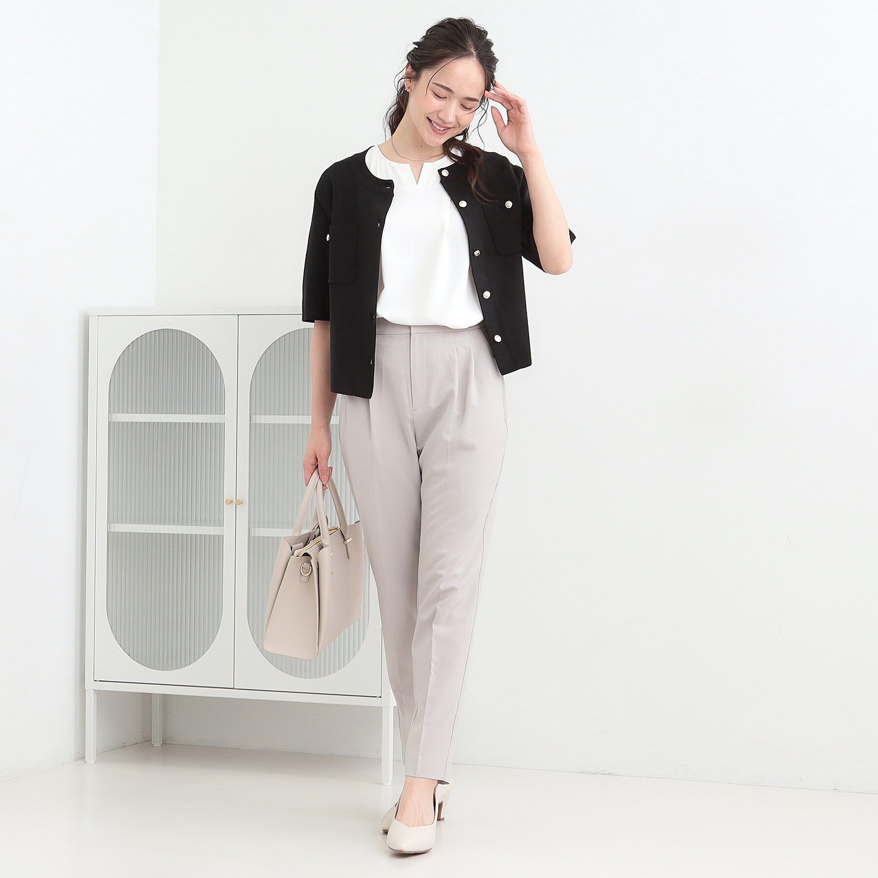 SHOO･LA･RUE「【S-LL/洗濯機可】金ボタン5分袖カーディガン」|カーディガン|