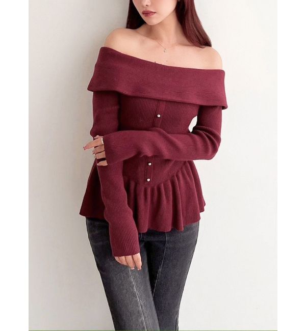 RESEXXY「オフショルペプラムニットトップス【セットアップ着用可能】」|ニット・セーター|レッド