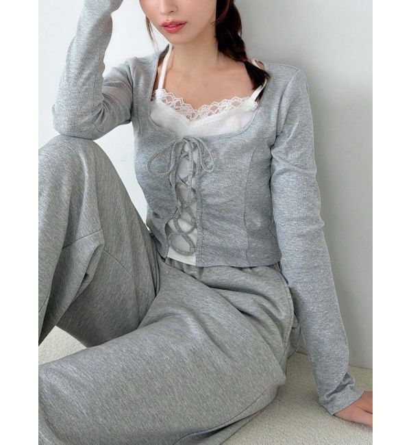 RESEXXY「レースアップリブトップス」|Tシャツ・カットソー|グレー