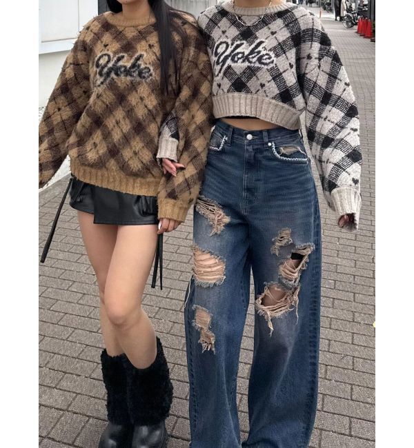 EMODA「チェックロゴオーバーニット」|ニット・セーター|