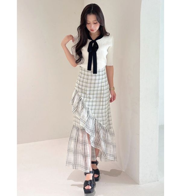 MERCURYDUO「シアーチェックイレヘムティアードスカート」|スカート|