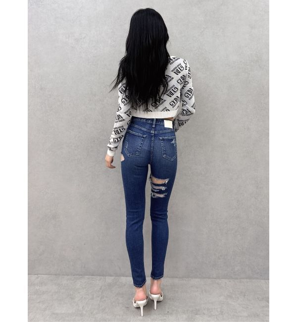 GYDA「ミドルウエストSIDE CUT INNER DAMAGEスキニーデニムパンツ」|デニム|