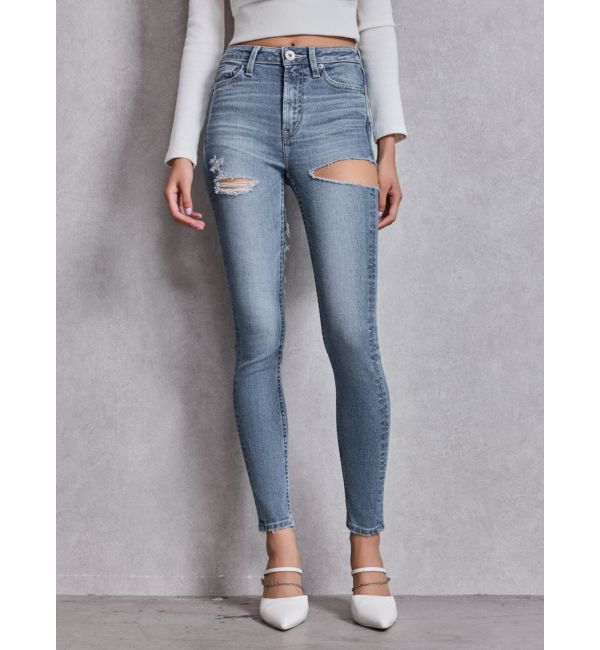 GYDA「ミドルウエストSIDE CUT INNER DAMAGEスキニーデニムパンツ」|デニム|