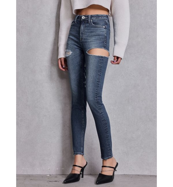 GYDA「ミドルウエストSIDE CUT INNER DAMAGEスキニーデニムパンツ」|デニム|