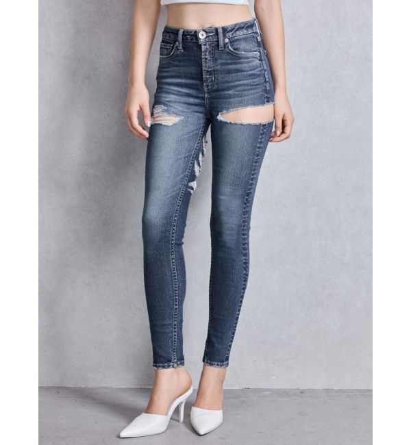 GYDA「ミドルウエストSIDE CUT INNER DAMAGEスキニーデニムパンツ」|デニム|