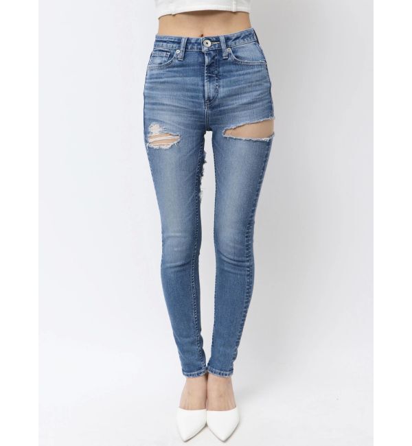 GYDA「ミドルウエストSIDE CUT INNER DAMAGEスキニーデニムパンツ」|デニム|