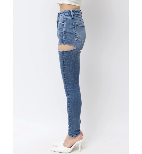 GYDA「ミドルウエストSIDE CUT INNER DAMAGEスキニーデニムパンツ」|デニム|