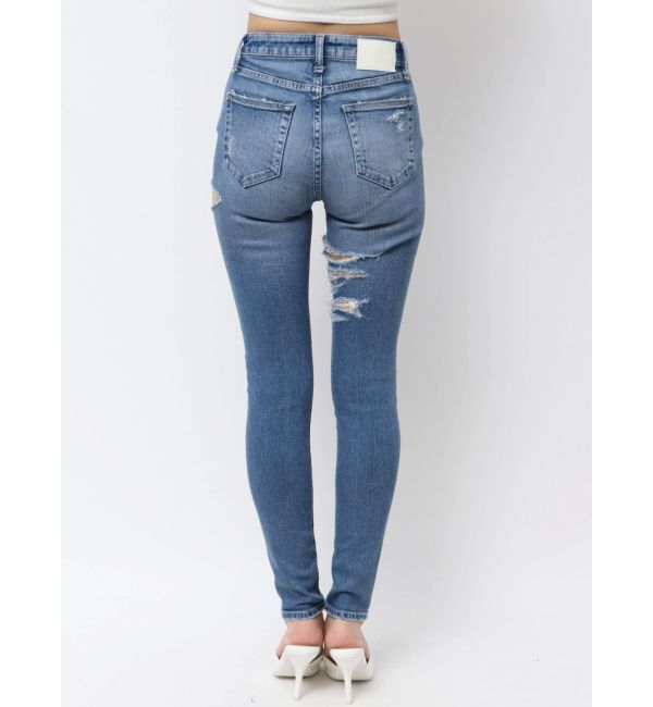 GYDA「ミドルウエストSIDE CUT INNER DAMAGEスキニーデニムパンツ」|デニム|