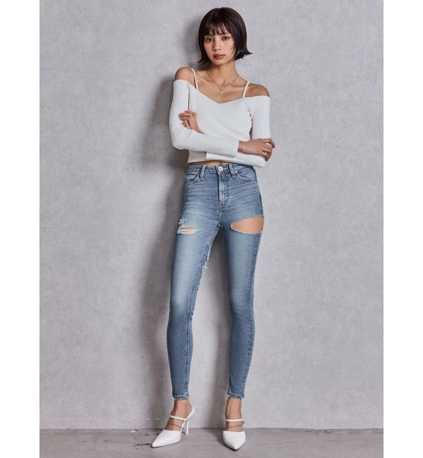 GYDA「ミドルウエストSIDE CUT INNER DAMAGEスキニーデニムパンツ」|デニム|