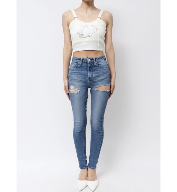 GYDA「ミドルウエストSIDE CUT INNER DAMAGEスキニーデニムパンツ」|デニム|