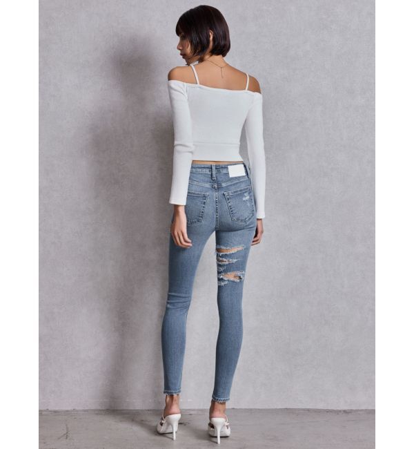 GYDA「ミドルウエストSIDE CUT INNER DAMAGEスキニーデニムパンツ」|デニム|