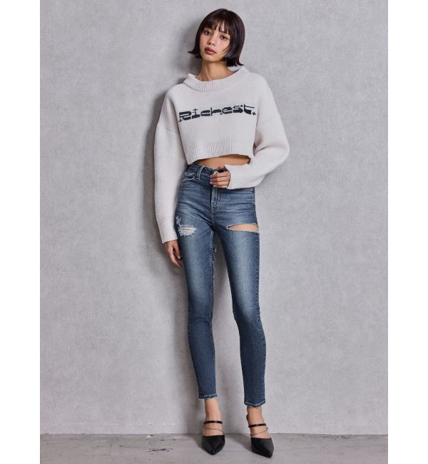 GYDA「ミドルウエストSIDE CUT INNER DAMAGEスキニーデニムパンツ」|デニム|